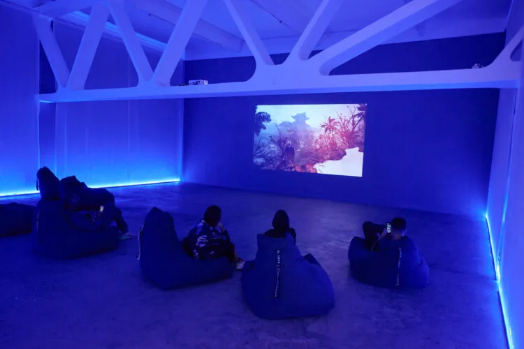 Lawrence Lek AIDOL HD video, stereo sound, 83 mins., 2019 Installation view at Kunsthalle Bega Courtesy of the artist and Kunsthalle Bega photo: Vlad Cîndea